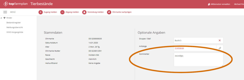 Tierbestand, Kommentarfeld am Einzeltier