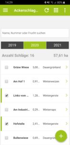 Schlagauswahl Übersicht Schlagkartei in der App top farmplan