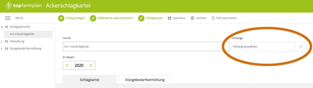Dokumente anhängen Ackerschlagkartei top farmplan Stammdaten