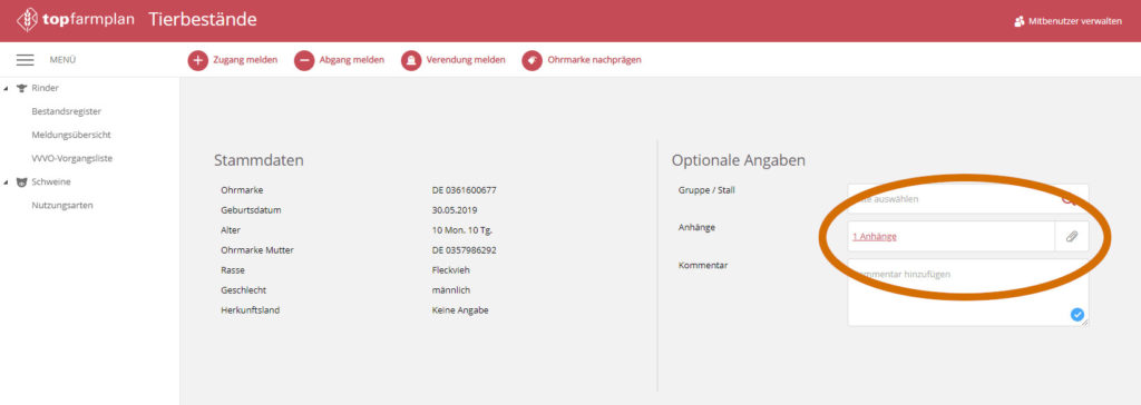 Dokumente anhängen Tierbestand top farmplan stammdaten
