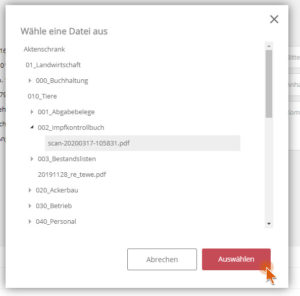 Dokumente anhängen Tierbestand top farmplan Dokumentenauswahl