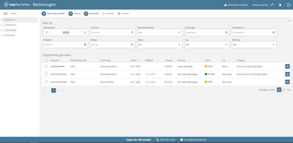 Rechnungsübersicht top farmplan