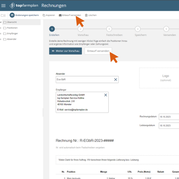 top farmplan - Ansicht Rechnungsentwurf erstellen