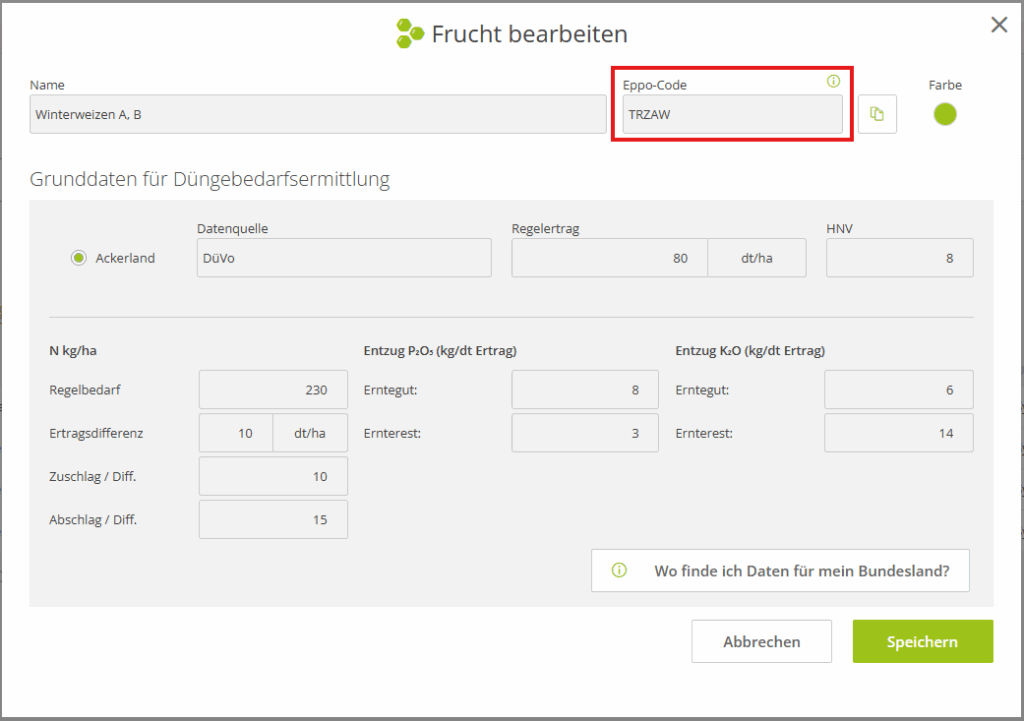 Den EPPO-Code für den Pflanzenschutz in top farmplan eintragen